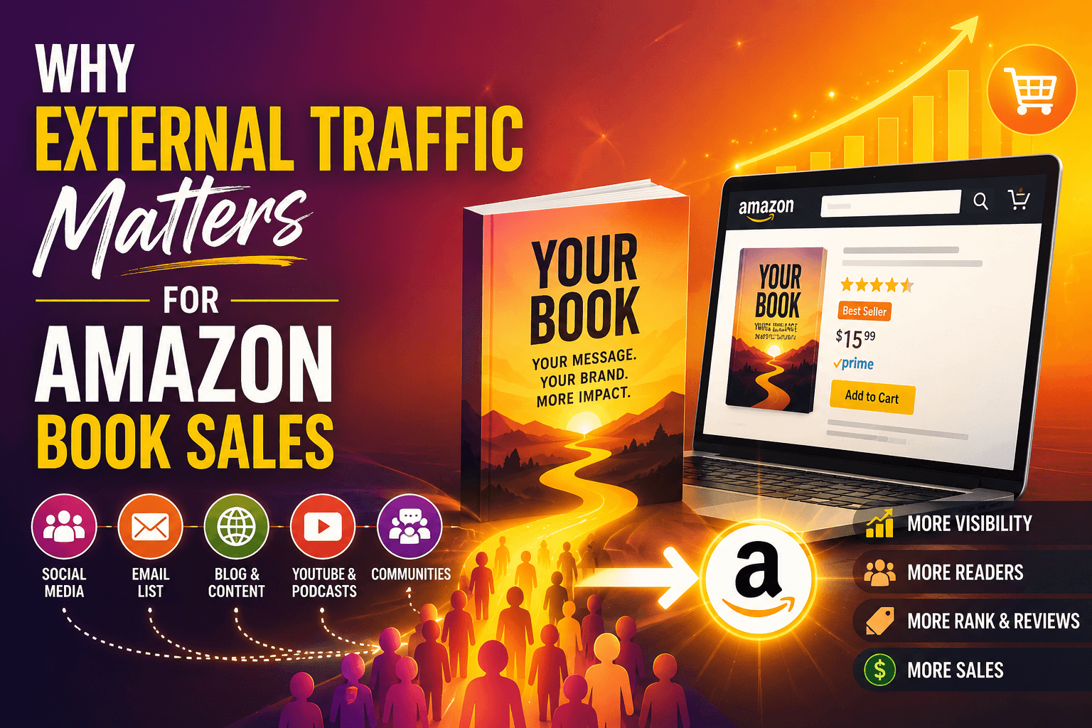 A vibrant marketing graphic shows readers from social media, email, blog content, podcasts, and communities flowing toward an Amazon book listing, with growth icons representing more visibility, readers, reviews, and sales.