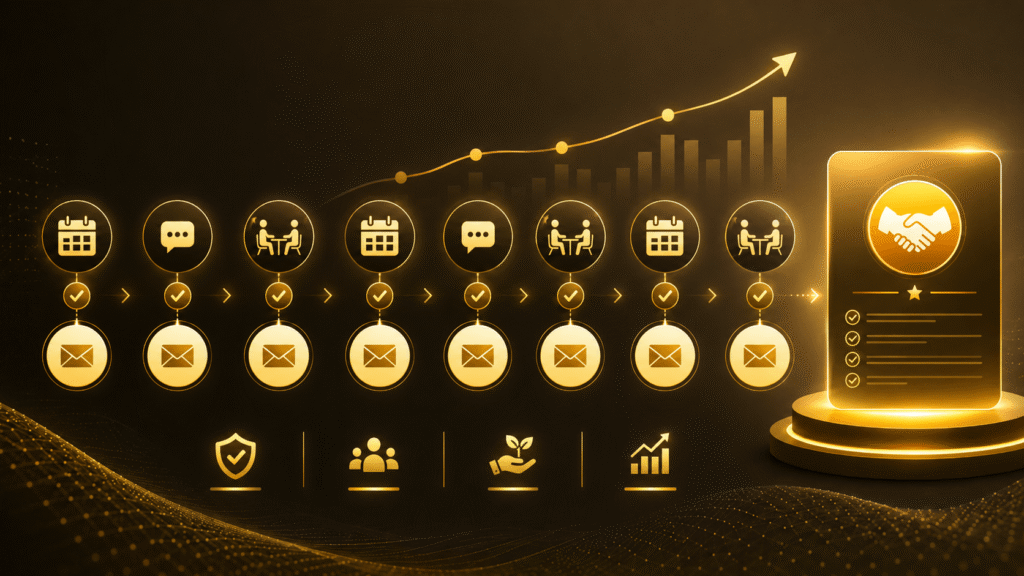 A golden process flow graphic shows repeated email, calendar, conversation, and checkmark icons leading to a completed handshake, representing how consistency builds trust and helps sell services over time.