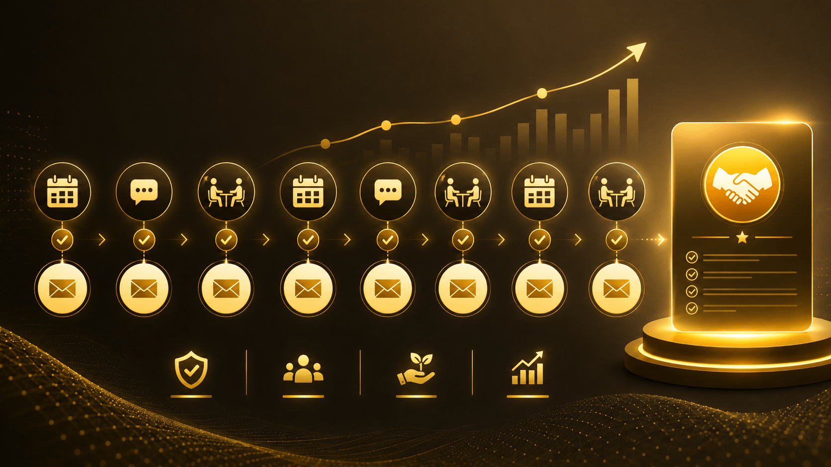 A golden process flow graphic shows repeated email, calendar, conversation, and checkmark icons leading to a completed handshake, representing how consistency builds trust and helps sell services over time.