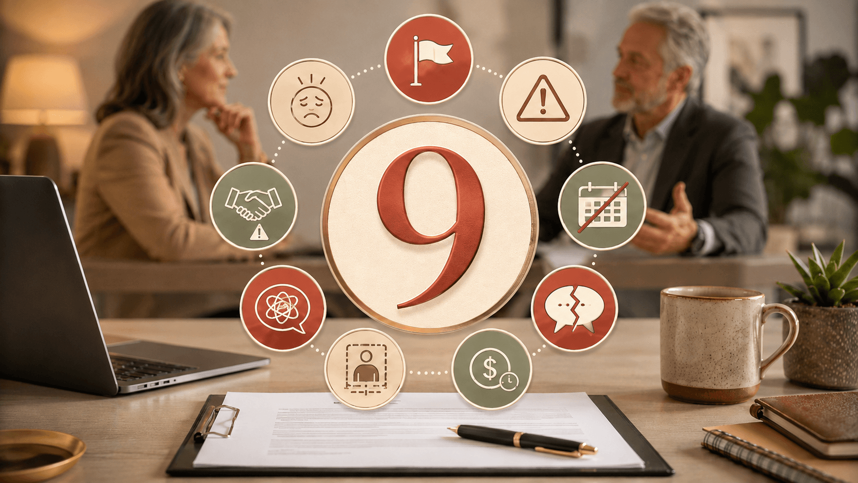 A large number 9 is surrounded by warning icons, with two 50 to 60 year old professionals discussing a contract in the background, representing signs of a bad client before signing.