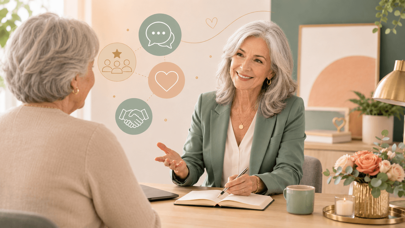 Two 60 year old women have a warm professional conversation at a clean desk, with authenticity, trust, connection, and client relationship icons in the background.