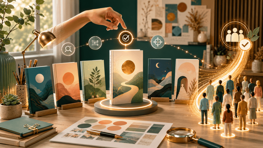 A polished creative desk scene shows several book cover options, a hand selecting the strongest title concept, and glowing audience symbols flowing toward the right readers.