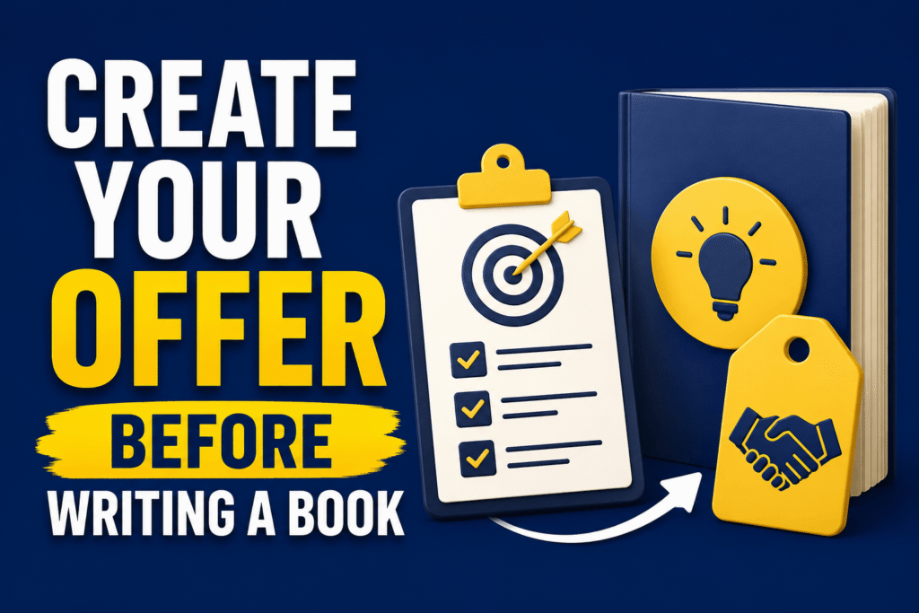 A bold graphic shows a checklist, target, book, lightbulb, handshake tag, and arrow to represent creating a clear offer strategy before writing a book.