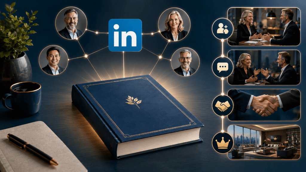 A premium LinkedIn networking graphic shows a book connected to professional profile icons, client conversations, handshake symbols, and high ticket client opportunities.
