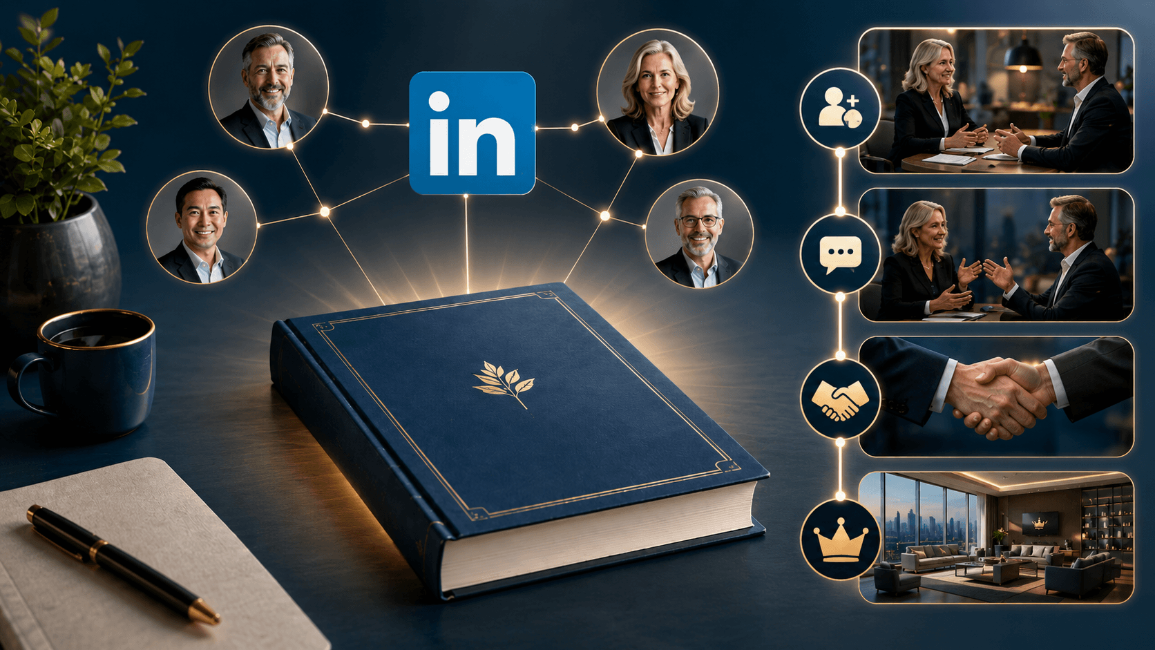 A premium LinkedIn networking graphic shows a book connected to professional profile icons, client conversations, handshake symbols, and high ticket client opportunities.