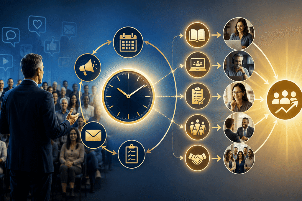A presenter speaks to an audience while a glowing clock connects to calendar, email, checklist, offer, and client growth icons, representing the timing and consistency of making offers.