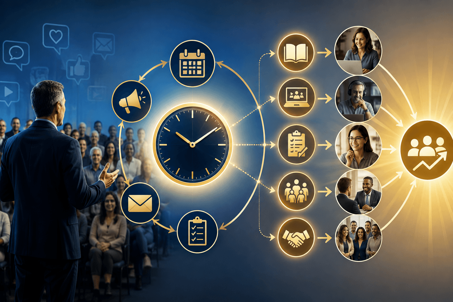 A presenter speaks to an audience while a glowing clock connects to calendar, email, checklist, offer, and client growth icons, representing the timing and consistency of making offers.