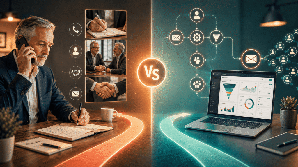 A split scene compares manual and automated lead generation, showing a 60 year old professional making calls and taking notes on one side, while a laptop, funnel dashboard, email icons, and automation workflow appear on the other.