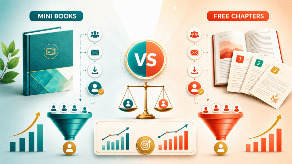 A comparison graphic shows mini books versus free chapters, with funnels, lead icons, download symbols, audience graphics, and growth charts representing which option generates better leads.