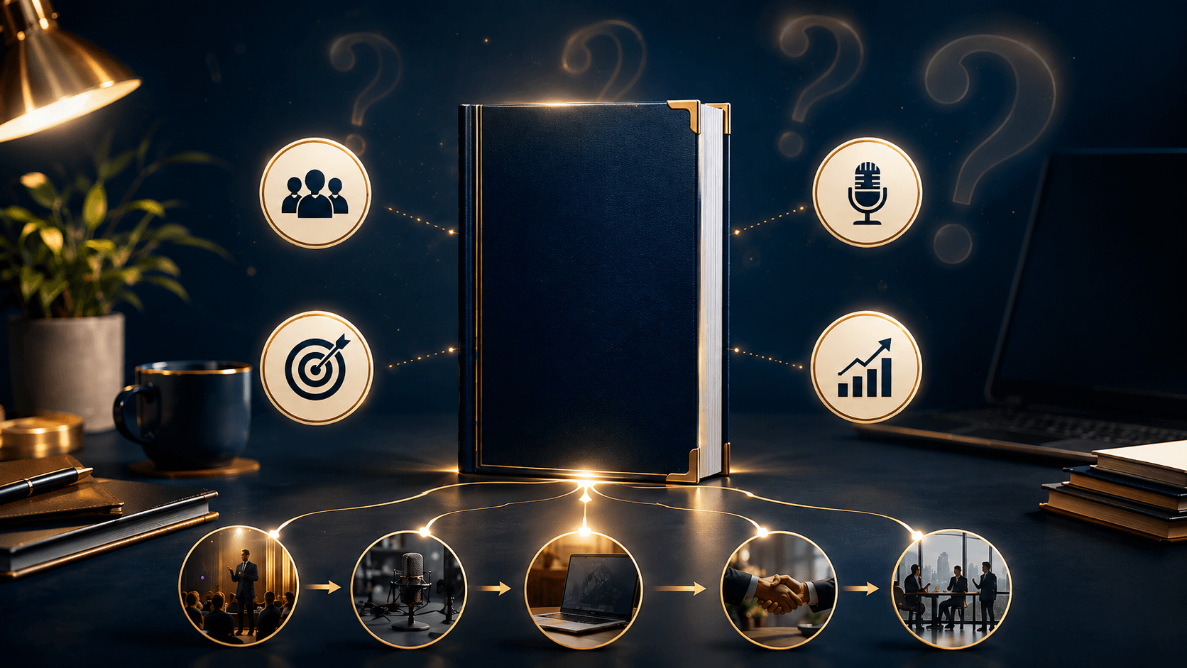 A premium business book sits at the center of a connected strategy map, surrounded by question marks and icons for audience, positioning, media, speaking, client conversations, and business growth.