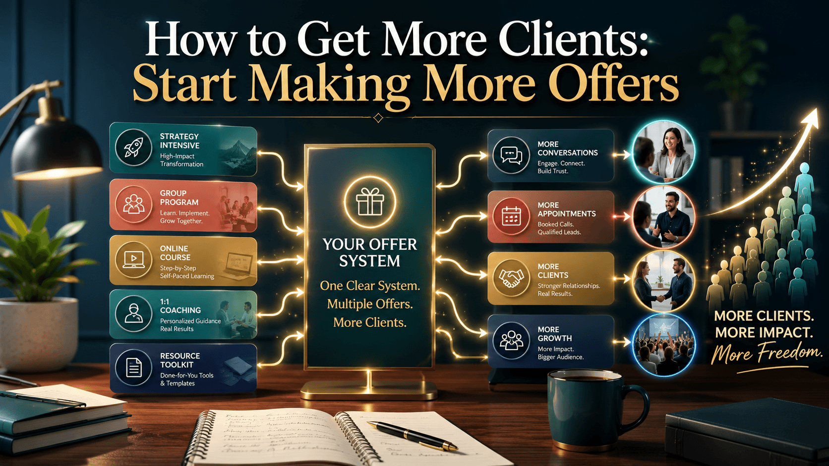 A business offer system graphic shows multiple offer types flowing into conversations, appointments, clients, and growth, representing how making more offers can attract more clients.