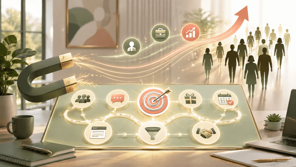 A business offer strategy graphic shows a magnet attracting potential clients toward a clear marketing system, with icons for audience, messaging, funnel, handshake, calendar, and growth.