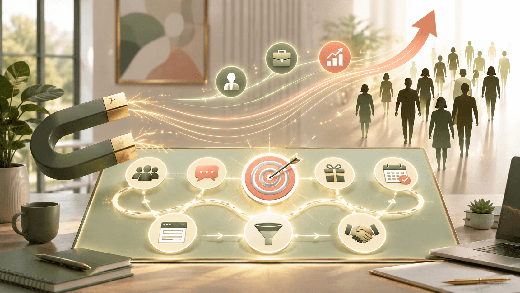 A business offer strategy graphic shows a magnet attracting potential clients toward a clear marketing system, with icons for audience, messaging, funnel, handshake, calendar, and growth.