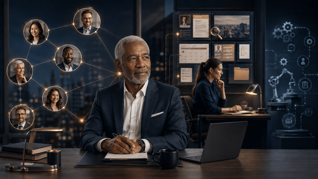 A 60 year old business expert leads a professional relationship workflow, with connected prospect profiles, a virtual assistant organizing follow up details, and automation symbols in the background.