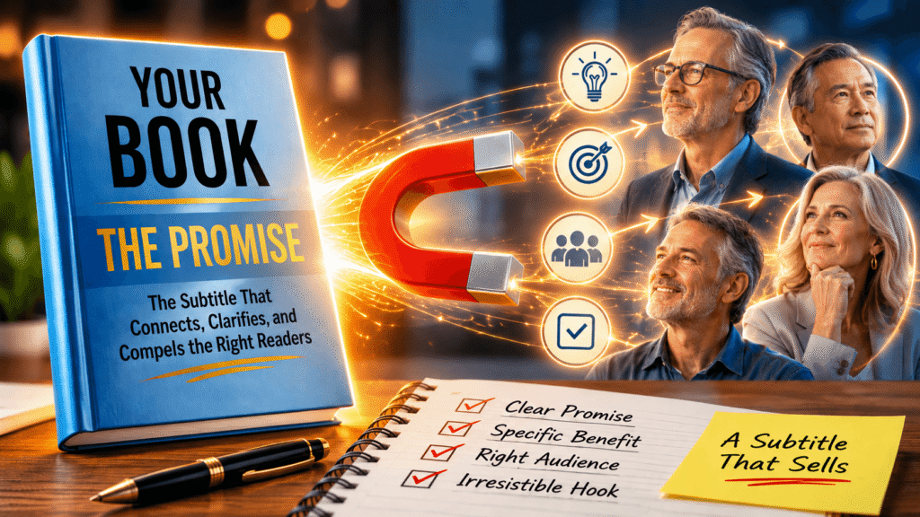 A bold featured image shows a book subtitle acting like a magnet, drawing in 50 to 60 year old readers with icons for clarity, audience fit, benefits, and a strong promise.