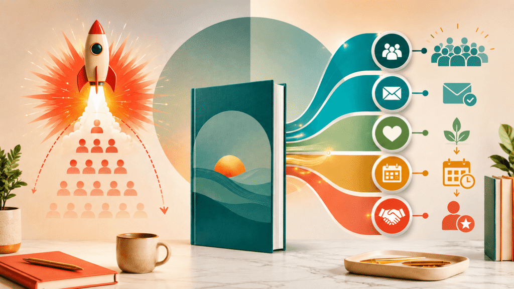 A vibrant featured image shows a book launch spike on one side and a long term funnel system on the other, with audience, email, trust, calendar, and client icons representing why a book needs more than just a launch.